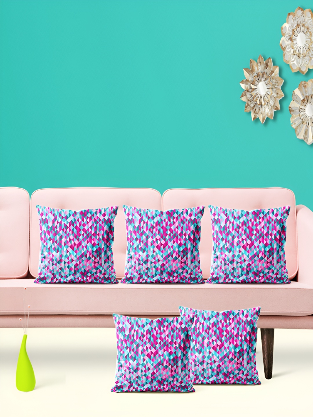

ArtzFolio Pink & Blue 5 Pieces Geometric Printed Velvet Square Cushion Covers