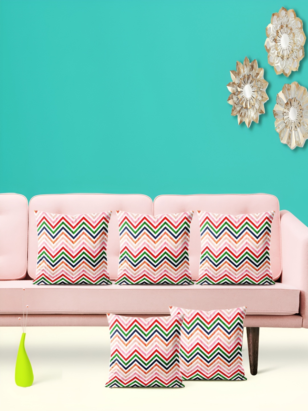 

ArtzFolio Pink & Green 5 Pieces Geometric Velvet Square Cushion Covers