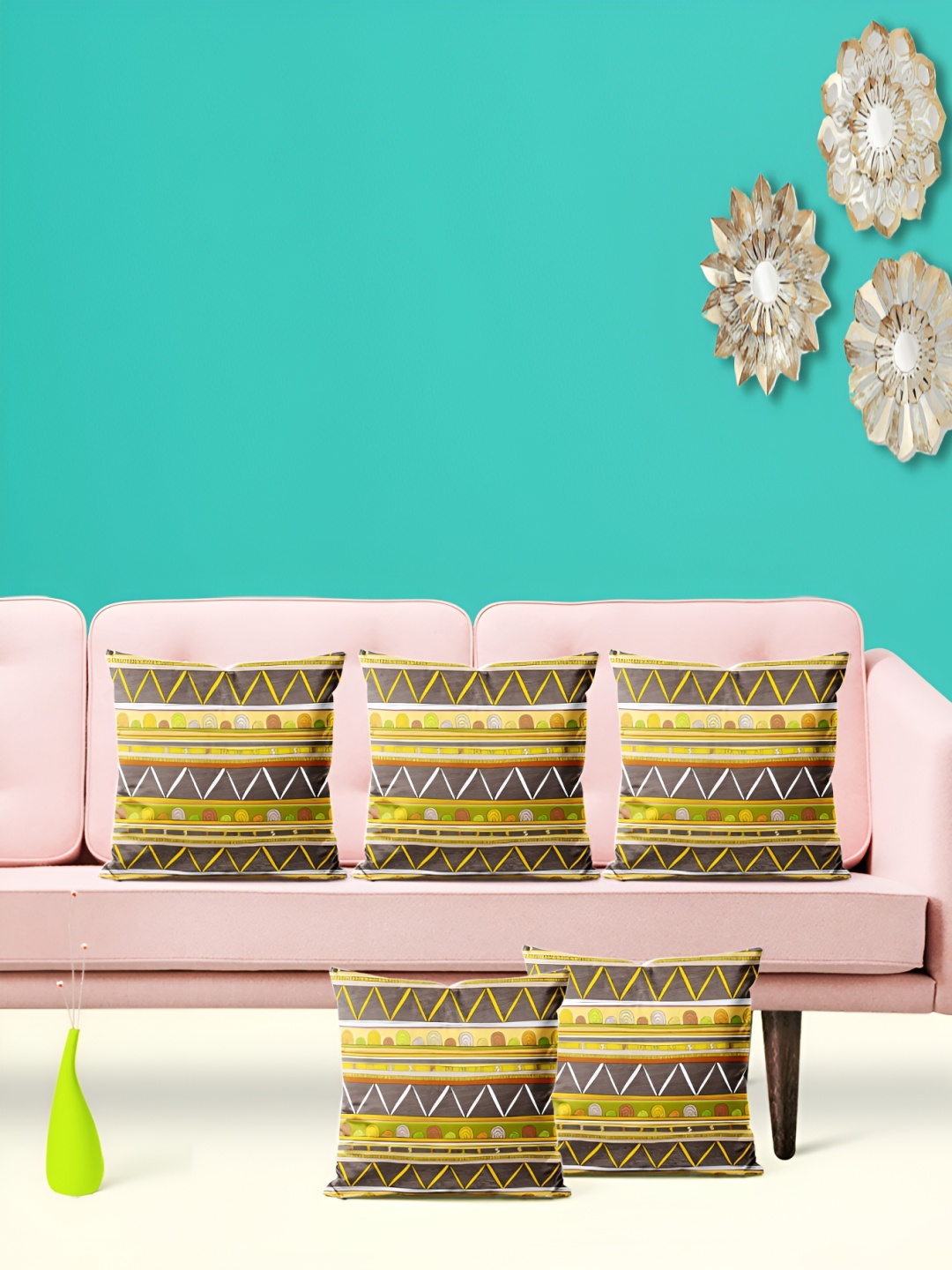 

ArtzFolio Yellow 5 Pieces Geometric Velvet Square Cushion Covers