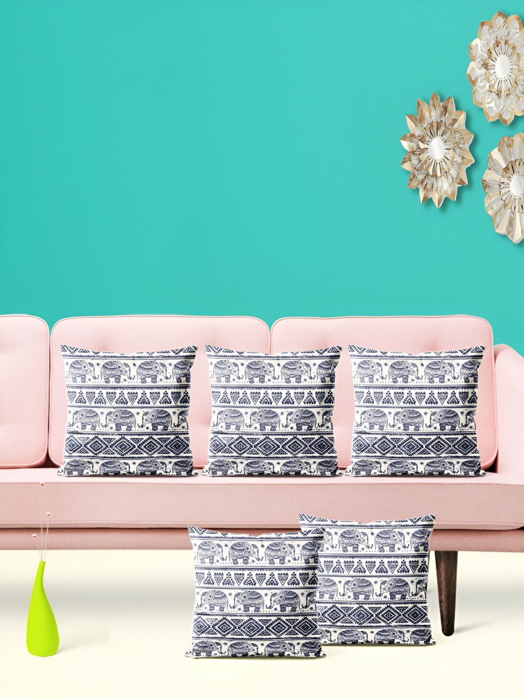 

ArtzFolio Blue & White 5 Pieces Ethnic Motifs Square Cushion Covers
