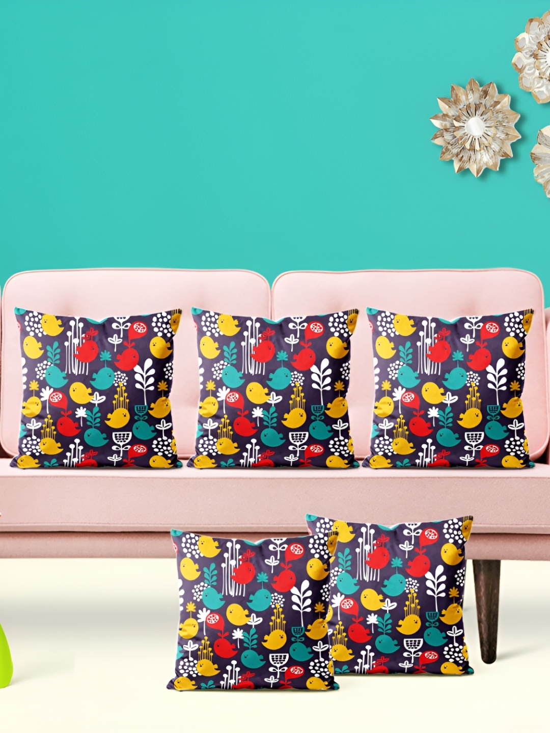 

ArtzFolio Navy Blue & Red 5 Pieces Floral Printed Velvet Square Cushion Covers