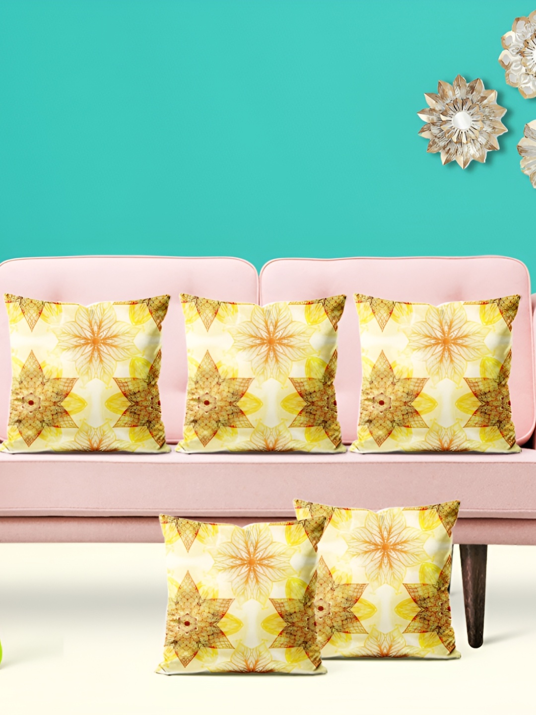 

ArtzFolio Yellow and White 5 Pieces Floral Printed Velvet Square Cushion Covers