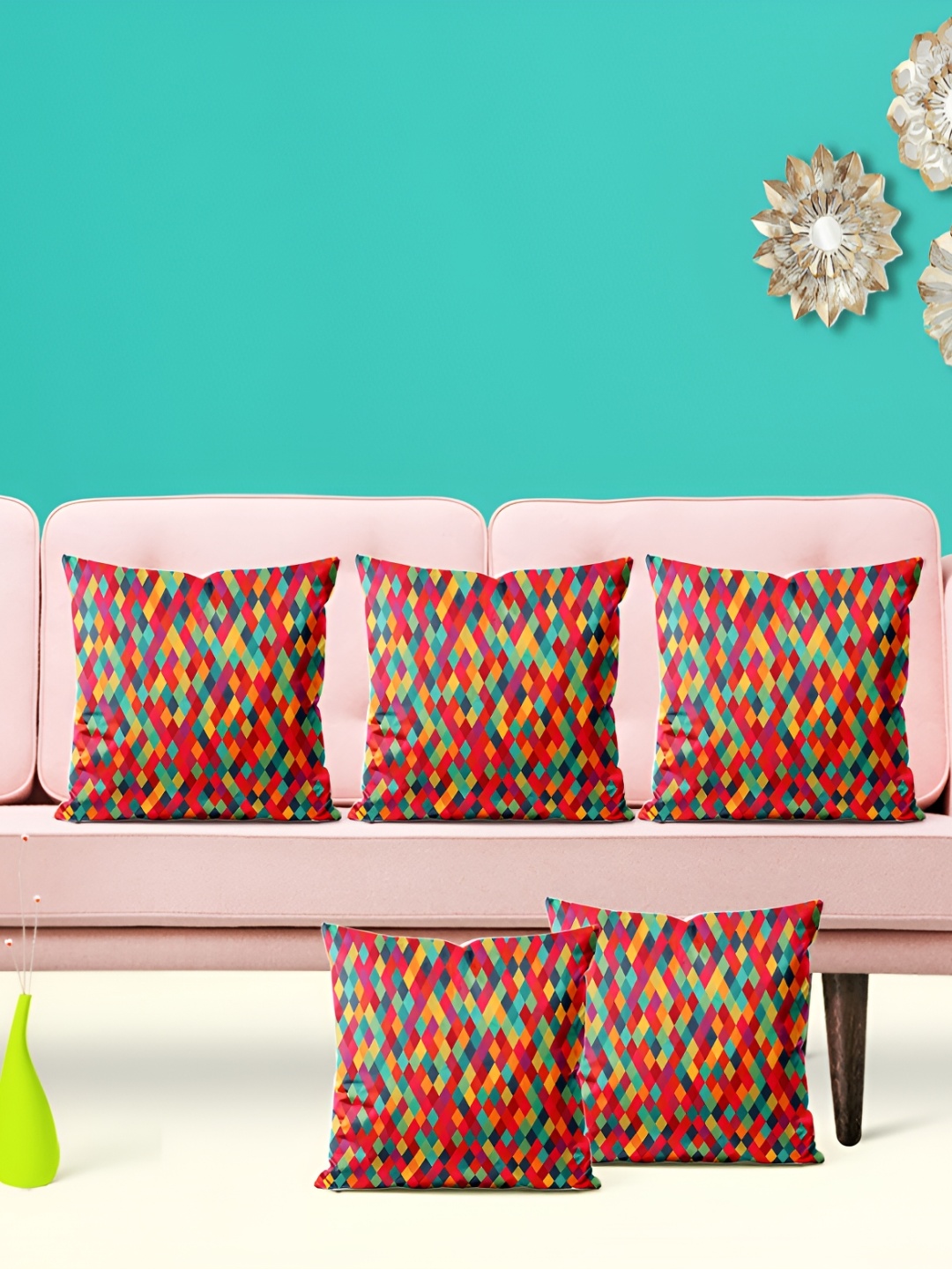 

ArtzFolio Red & Green 5 Pieces Abstract Velvet Square Cushion Covers