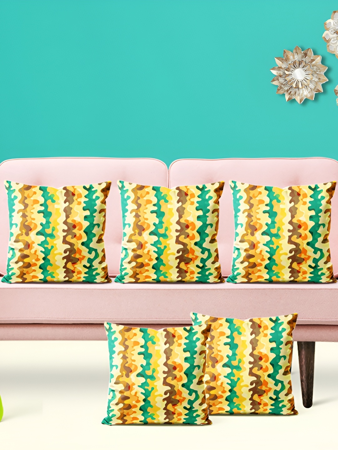 

ArtzFolio Yellow & Green 5 Pieces Abstract Printed Square Cushion Covers