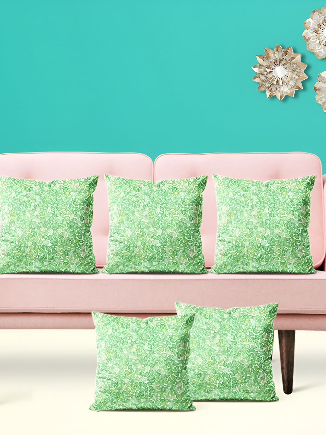 

ArtzFolio Green & White 5 Pieces Square Cushion Covers
