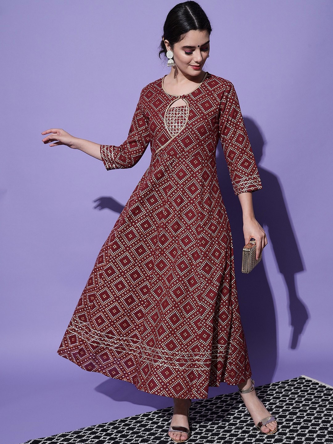 

ANUTTARA FASHIONS Geometric Printed Keyhole Neck Flared Sleeves Empire Anarkali Kurta, Maroon