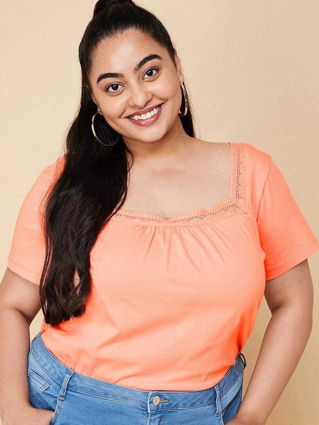 

max Plus Size Square Neck Pure Cotton Top, Orange