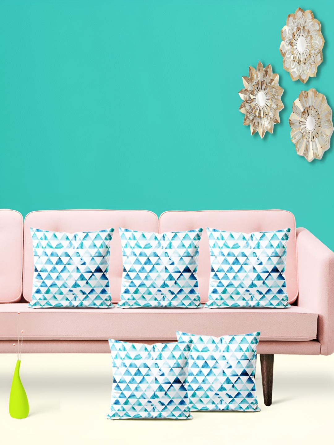 

ArtzFolio White & Blue 5 Pieces Geometric Printed Velvet Square Cushion Covers