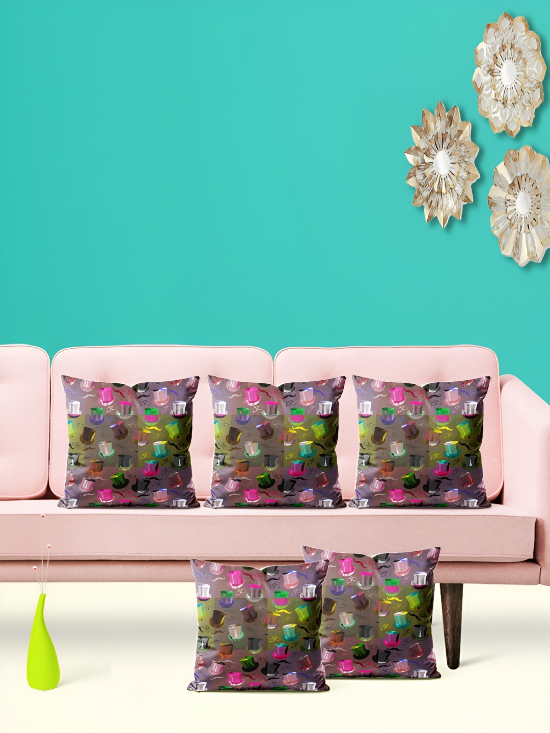 

ArtzFolio Pink & Green 5Pcs Abstract Square Cushion Covers