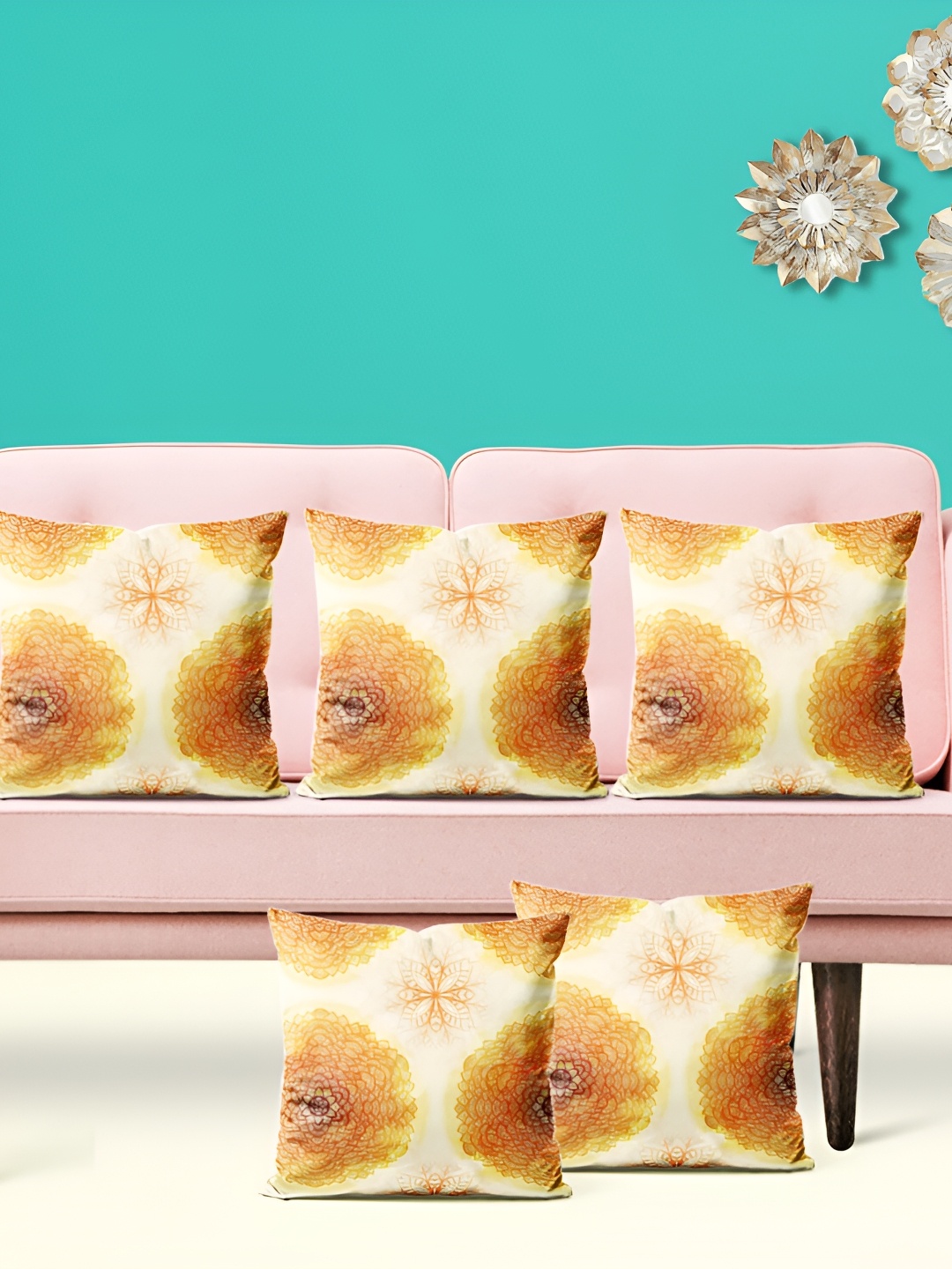 

ArtzFolio Beige & Brown 5 Pcs Velvet Square Cushion Covers