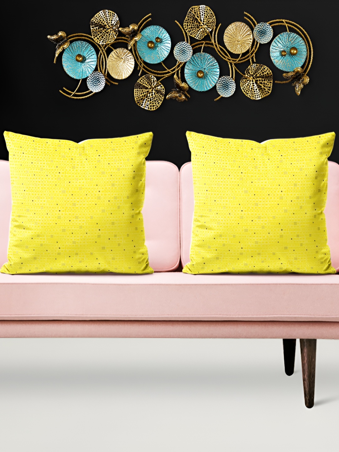 

ArtzFolio Yellow 5 Pieces Geometric Velvet Square Cushion Covers
