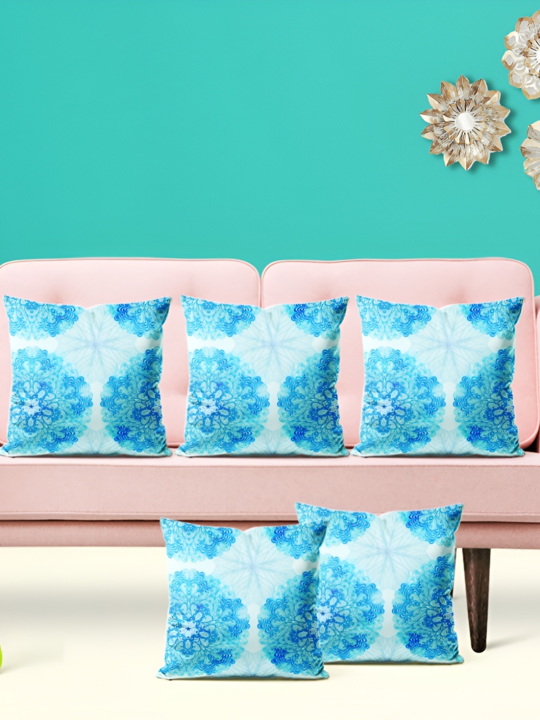 

ArtzFolio Blue & White 5 Pieces Floral Printed Square Cushion Covers