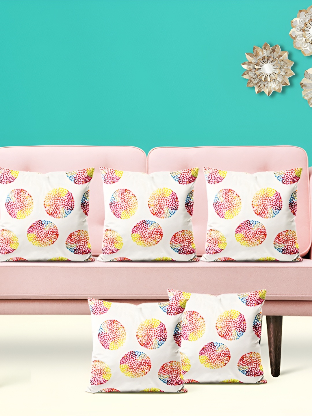 

ArtzFolio Cream & Red 5 Pieces Geometric Printed Square Cushion Covers