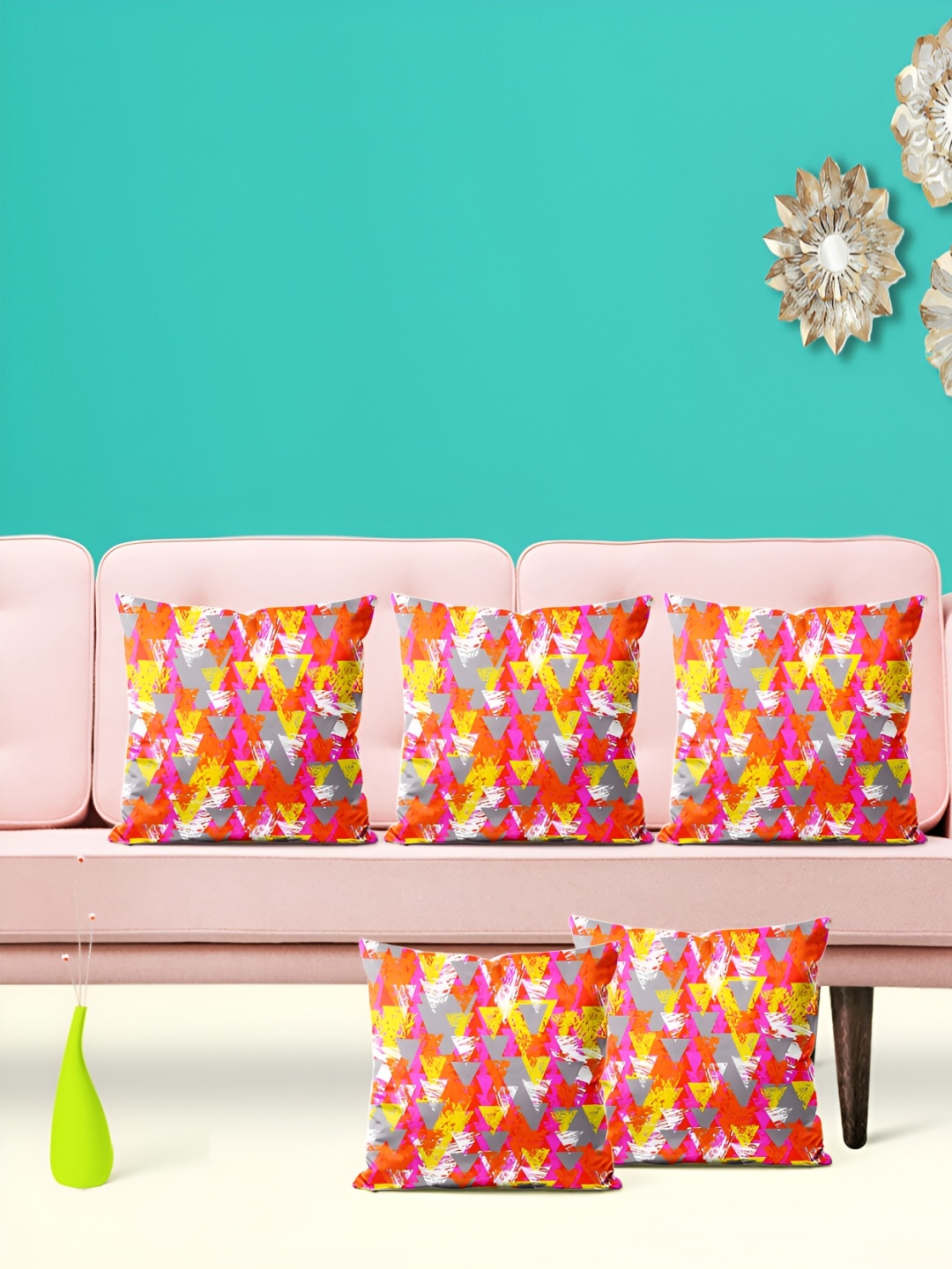 

ArtzFolio Pink 5 Pieces Geometric Printed Square Cushion Covers, Red