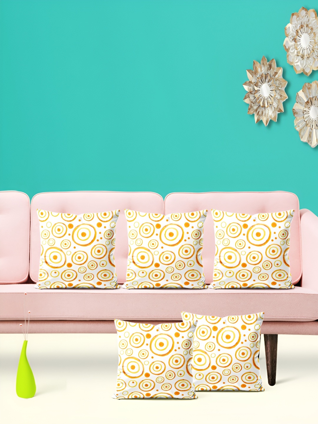 

ArtzFolio White & Yellow 5 Pcs Geometric Square Cushion Covers