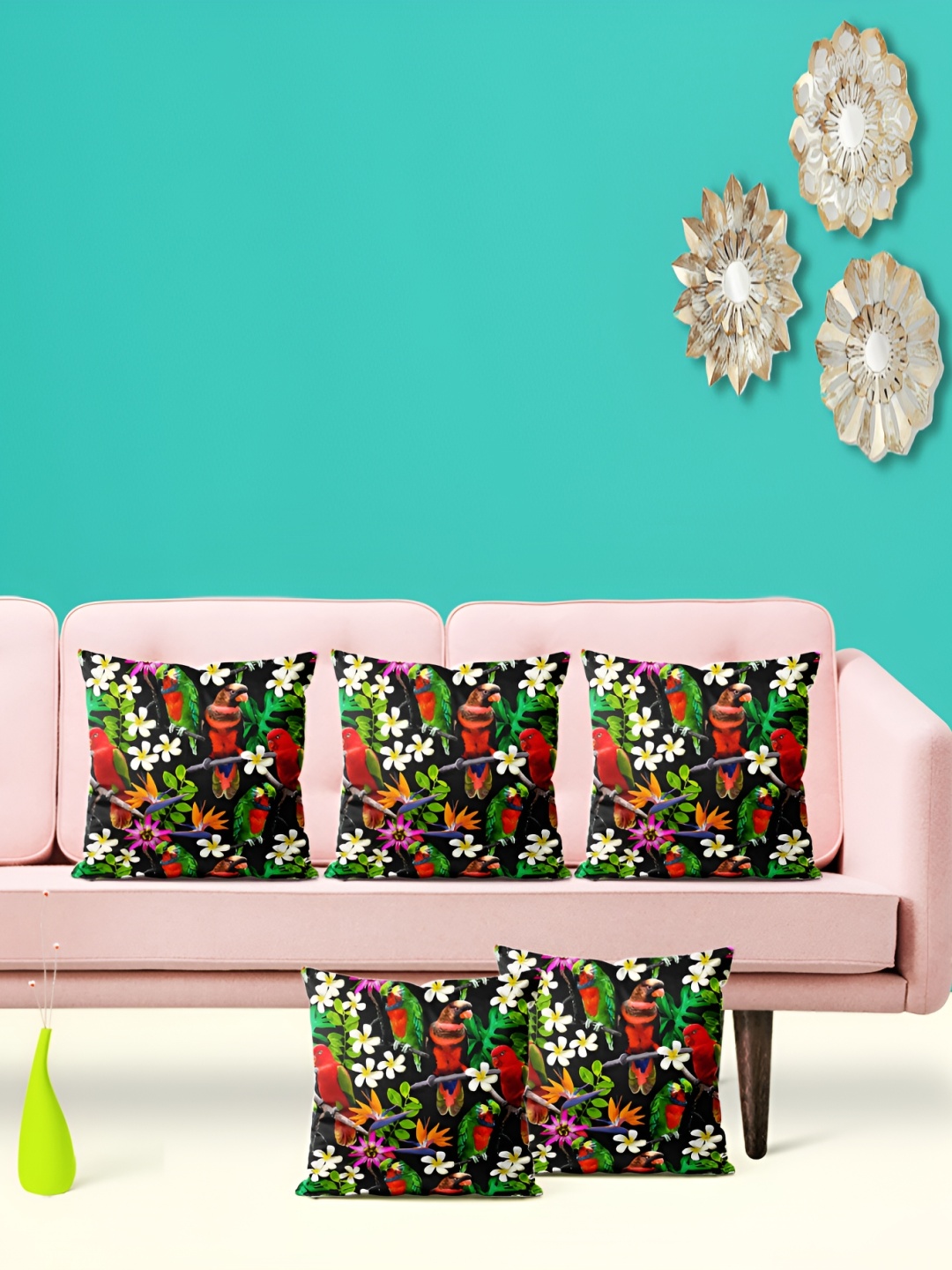 

ArtzFolio Black & Orange 5 Pieces Floral Square Cushion Covers