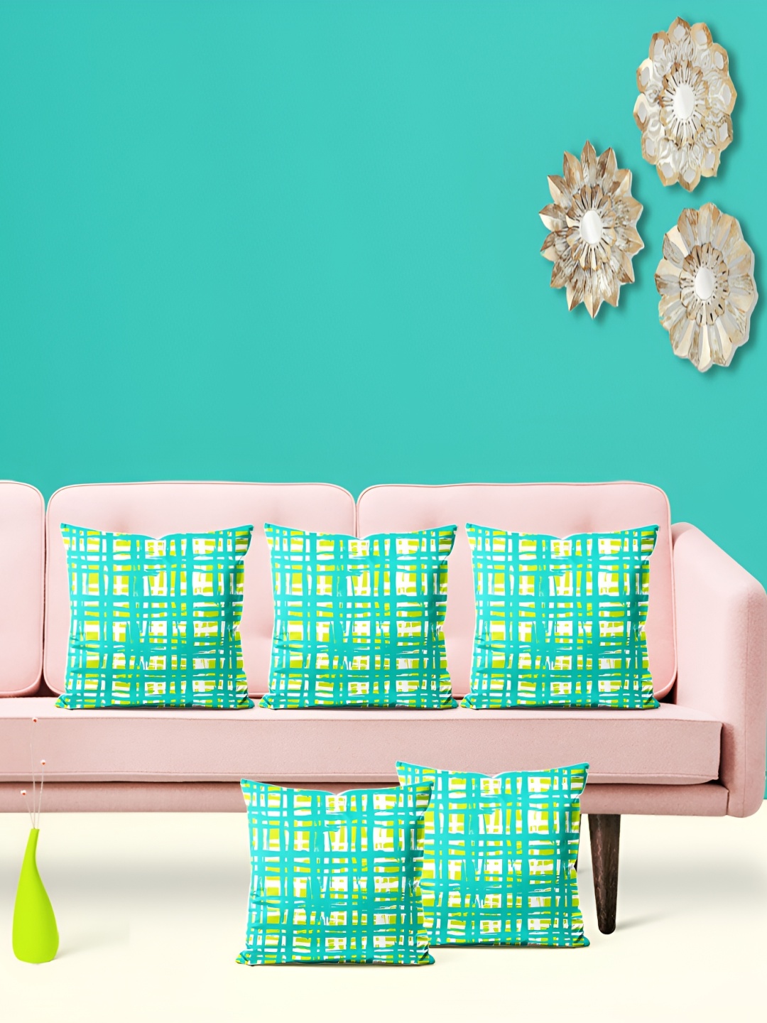 

ArtzFolio Green & Yellow 5 Pieces Checked Square Cushion Covers