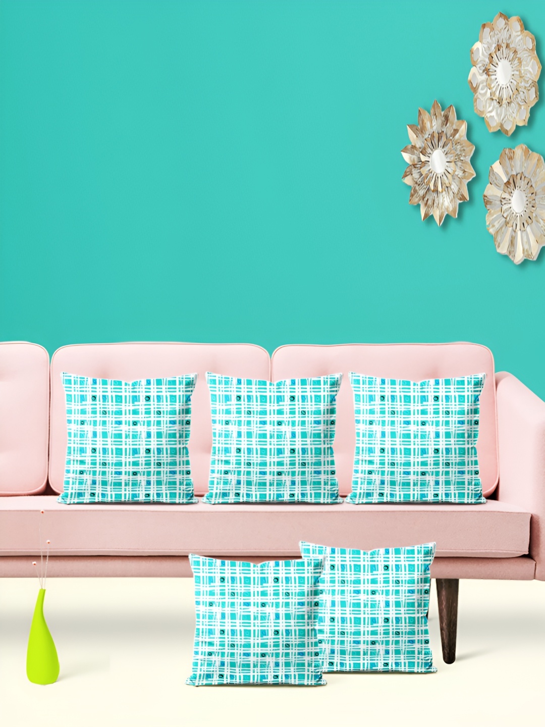 

ArtzFolio Green & white 5 Pcs Geometric Printed Square Cushion Covers