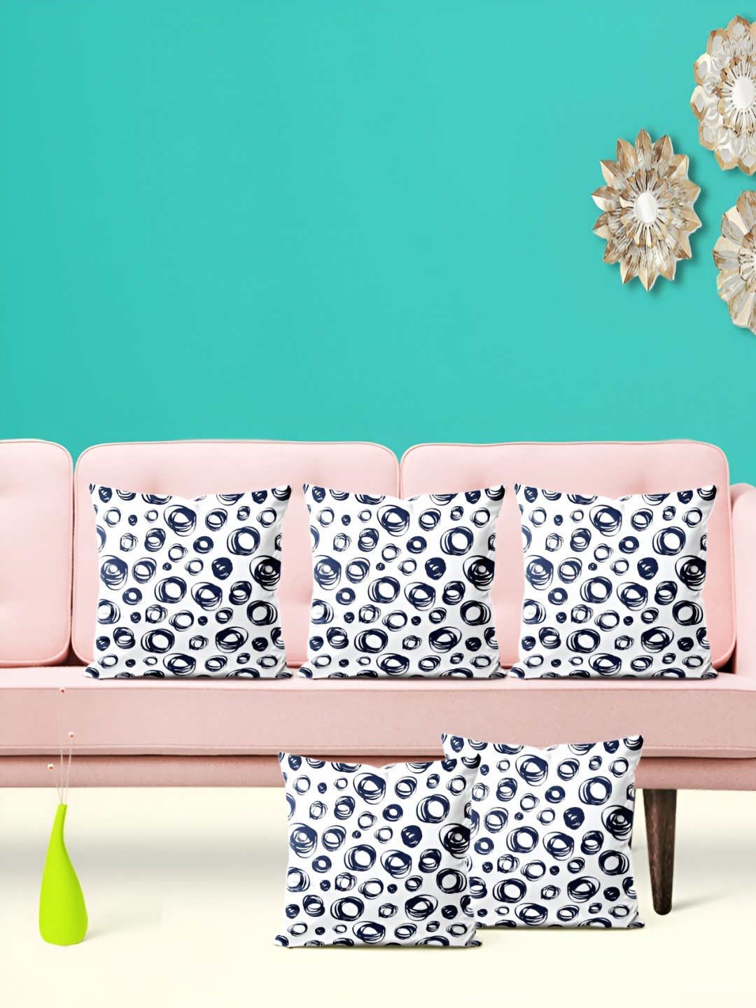 

ArtzFolio White & Blue 5 Pieces Geometric Velvet Square Cushion Covers