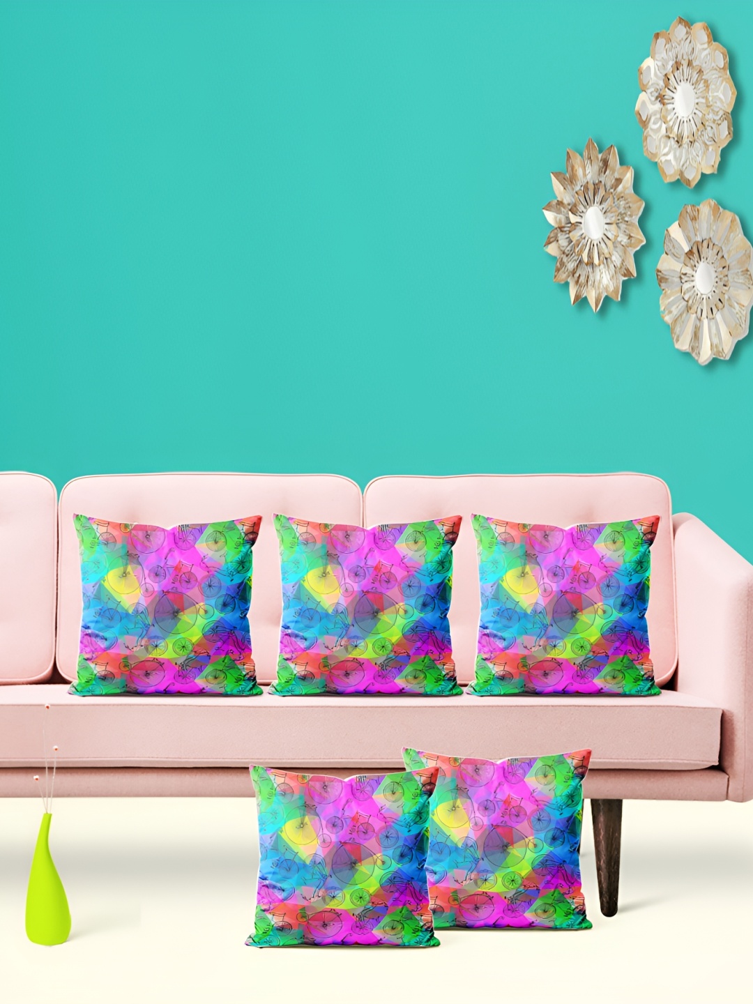 

ArtzFolio Green & Pink 5 Pcs Velvet Square Cushion Covers