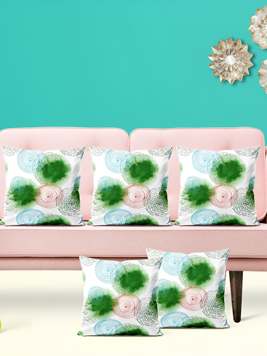 

ArtzFolio White & Green 5 Pieces Printed Velvet Square Cushion Covers