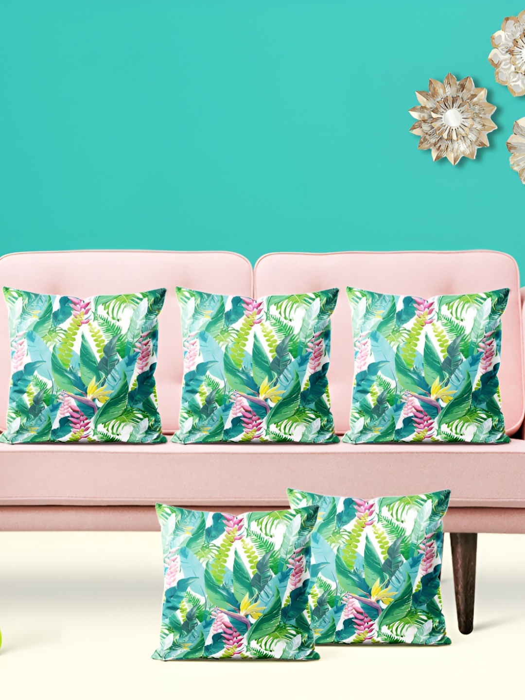 

ArtzFolio Green Pink 5 Pieces Velvet Square Cushion Covers