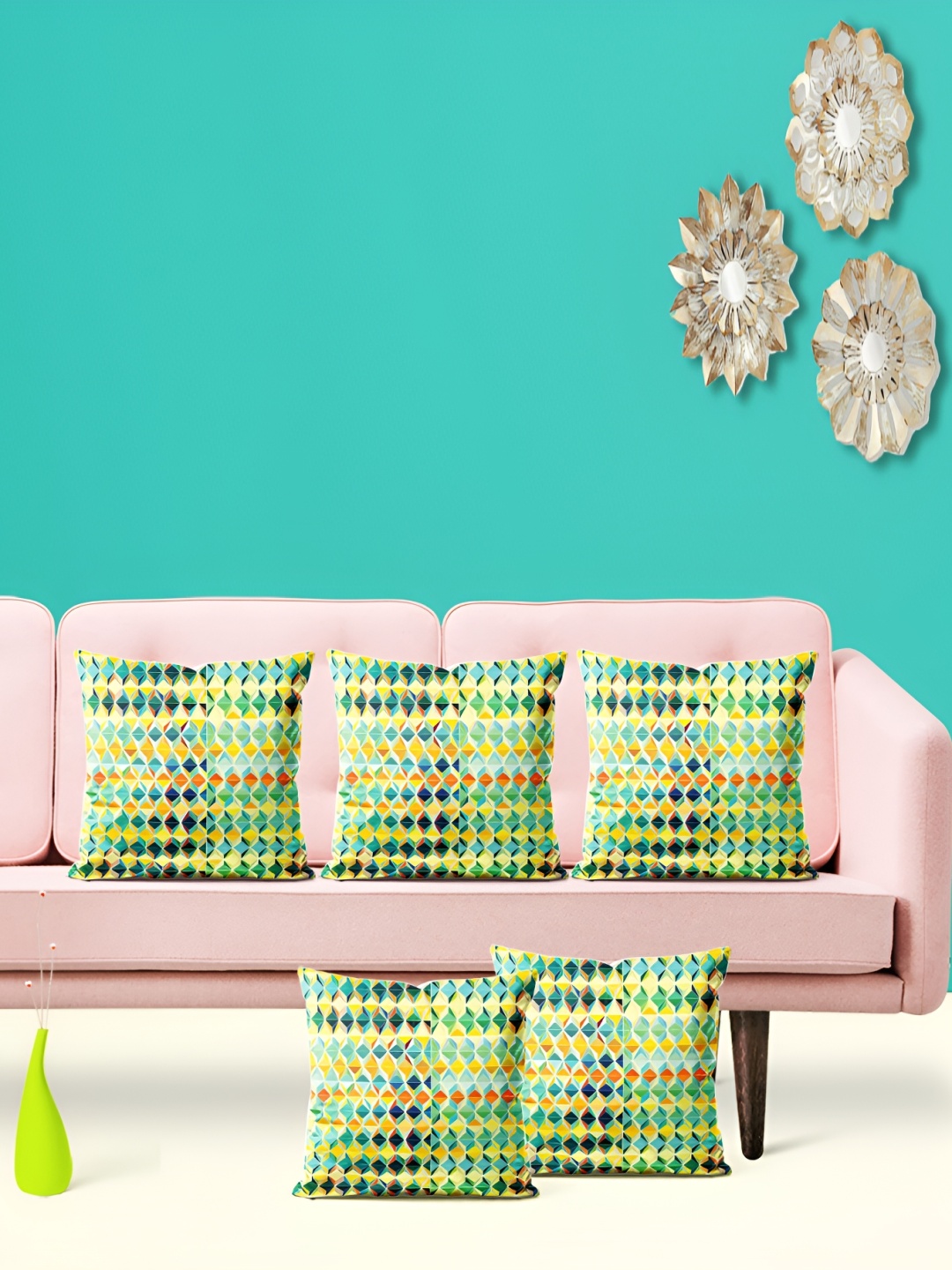 

ArtzFolio Green 5 Pieces Geometric Printed Velvet Square Cushion Covers