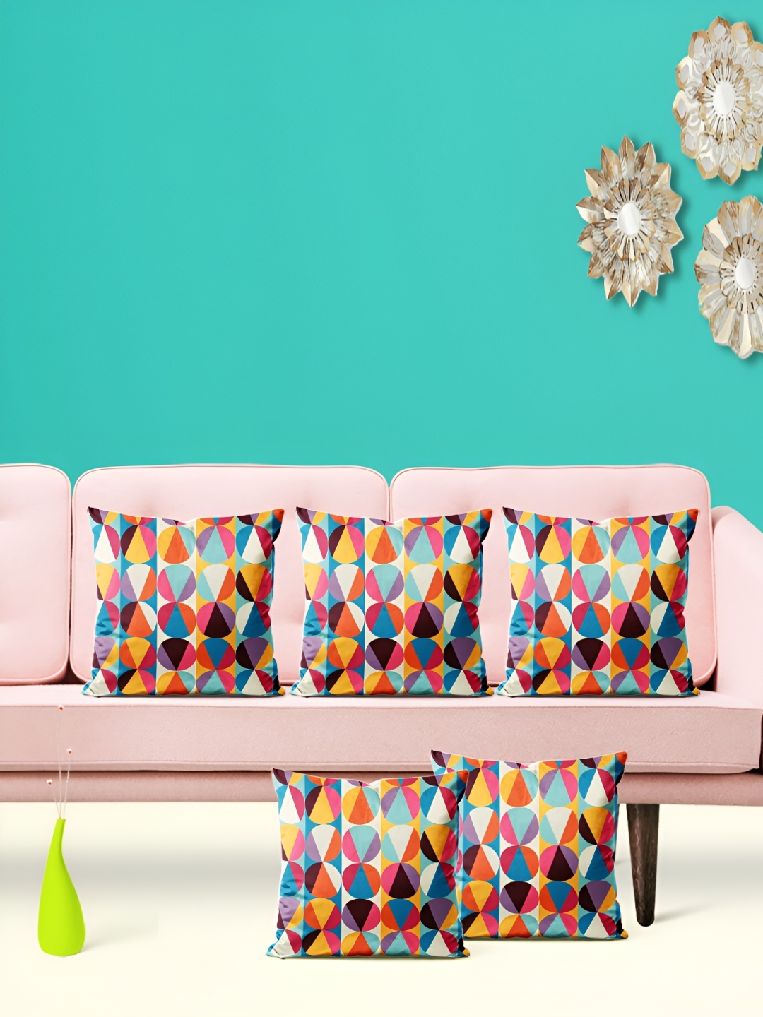 

ArtzFolio Blue & Mustard 5 Pieces Geometric Printed Velvet Square Cushion Covers