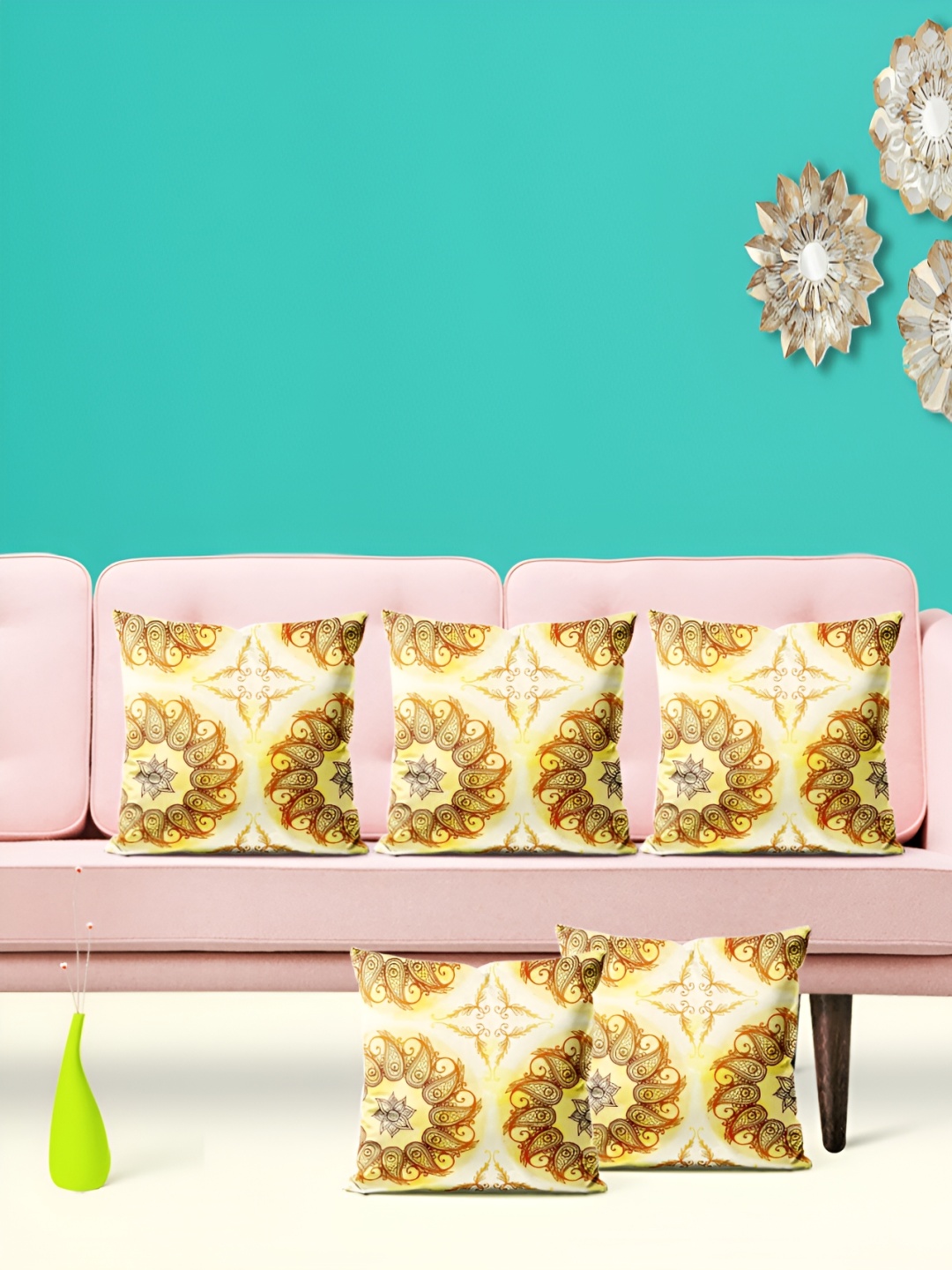 

ArtzFolio Yellow & Grey 5 Pieces Floral Velvet Square Cushion Covers
