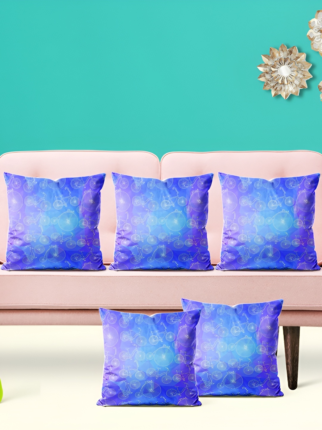 

ArtzFolio Blue 5 Pieces Geometric Velvet Square Cushion Covers