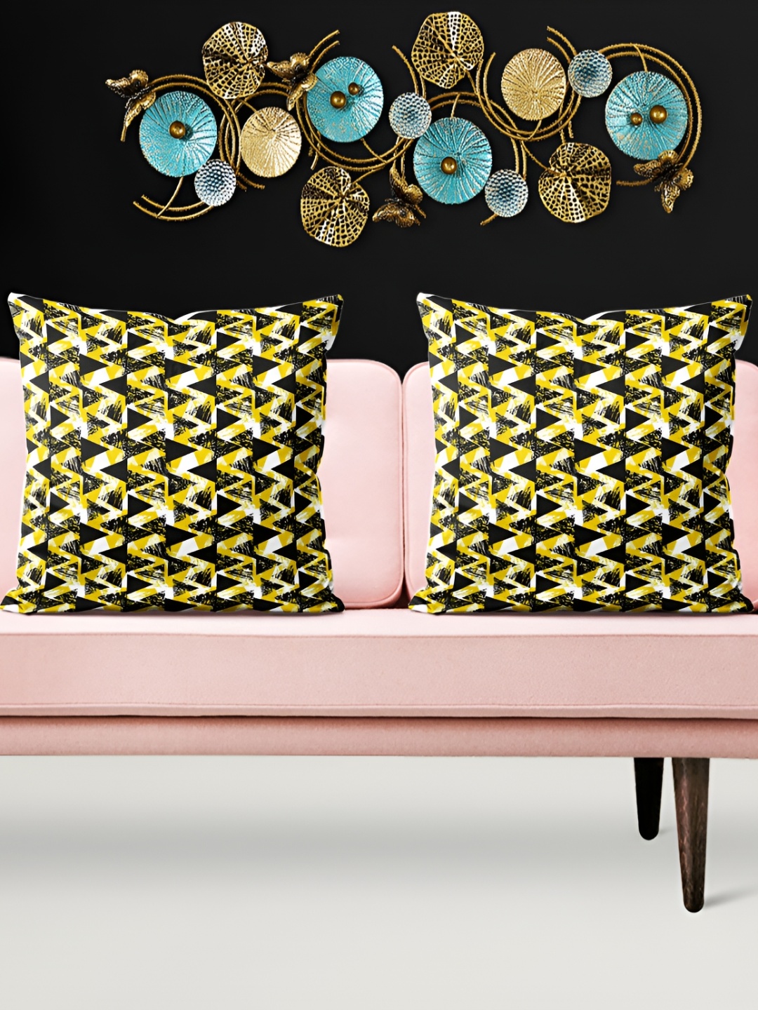 

ArtzFolio Yellow & Black 5 Pcs Geometric Square Cushion Covers