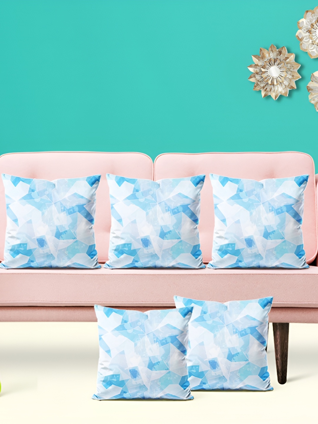 

ArtzFolio White & Blue 5 Pieces Geometric Square Cushion Covers