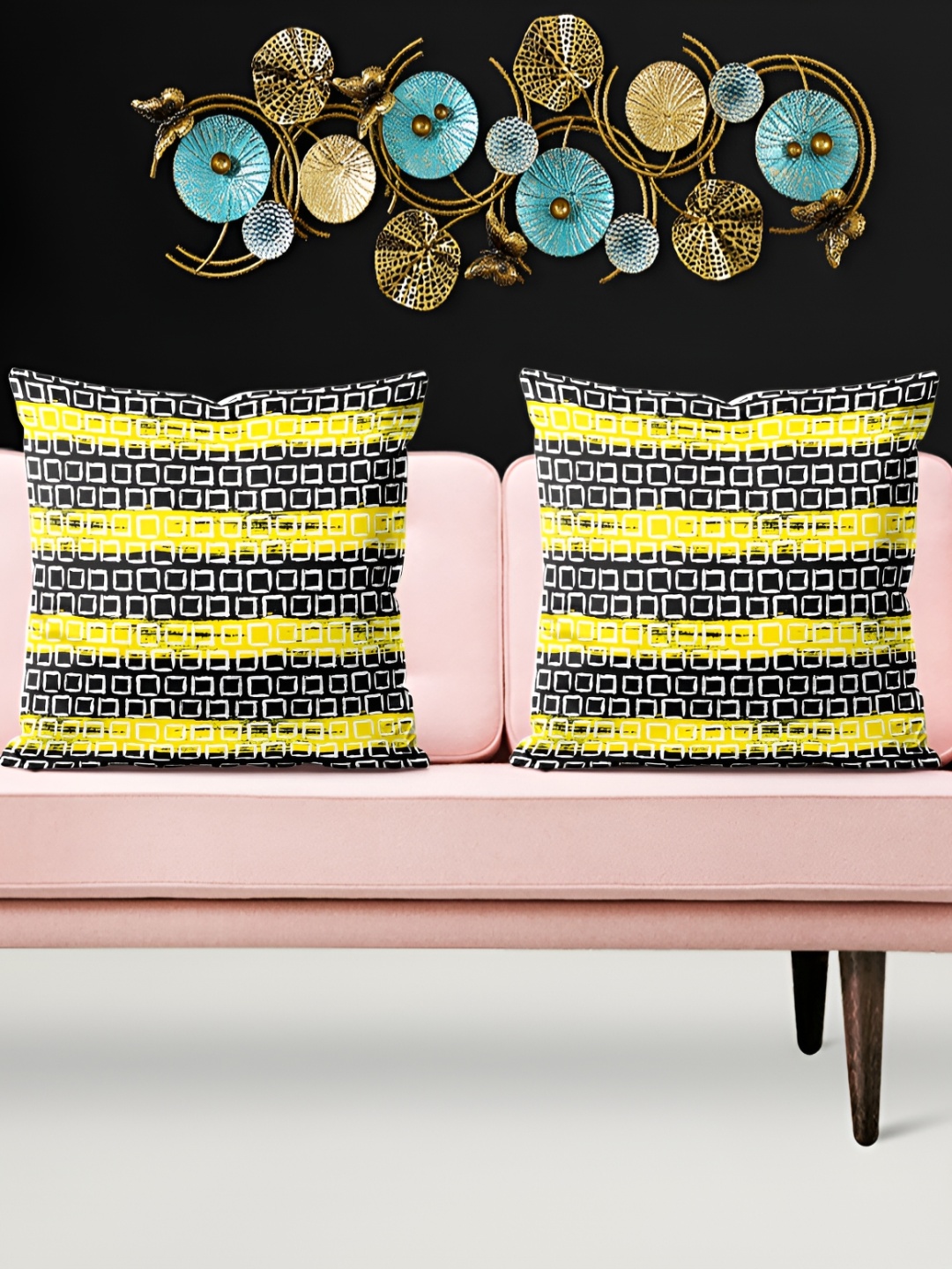 

ArtzFolio Yellow & Black 5 Pieces Geometric Printed Square Cushion Covers