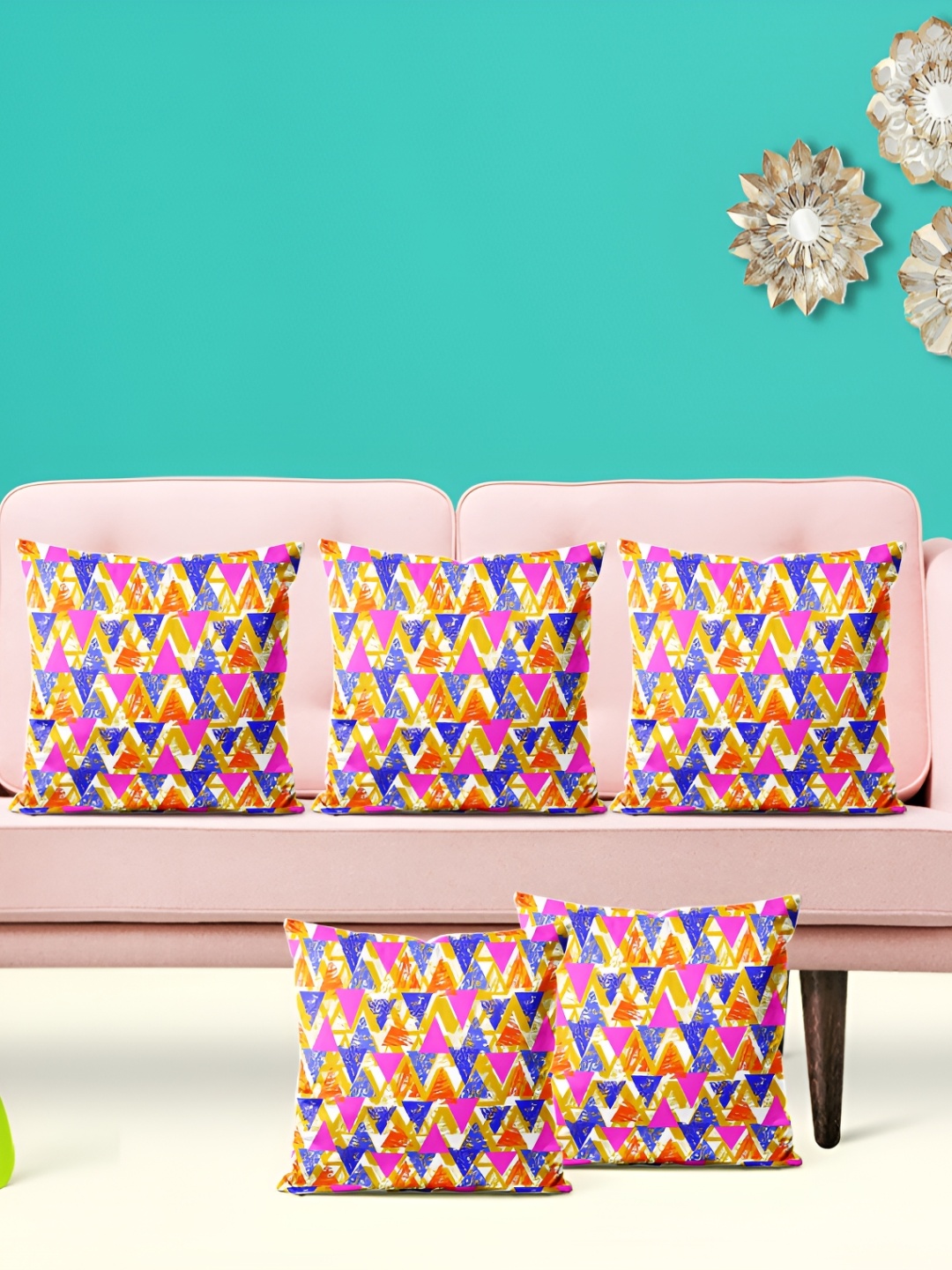 

ArtzFolio Blue & Pink 5 Pieces Geometric Square Cushion Covers