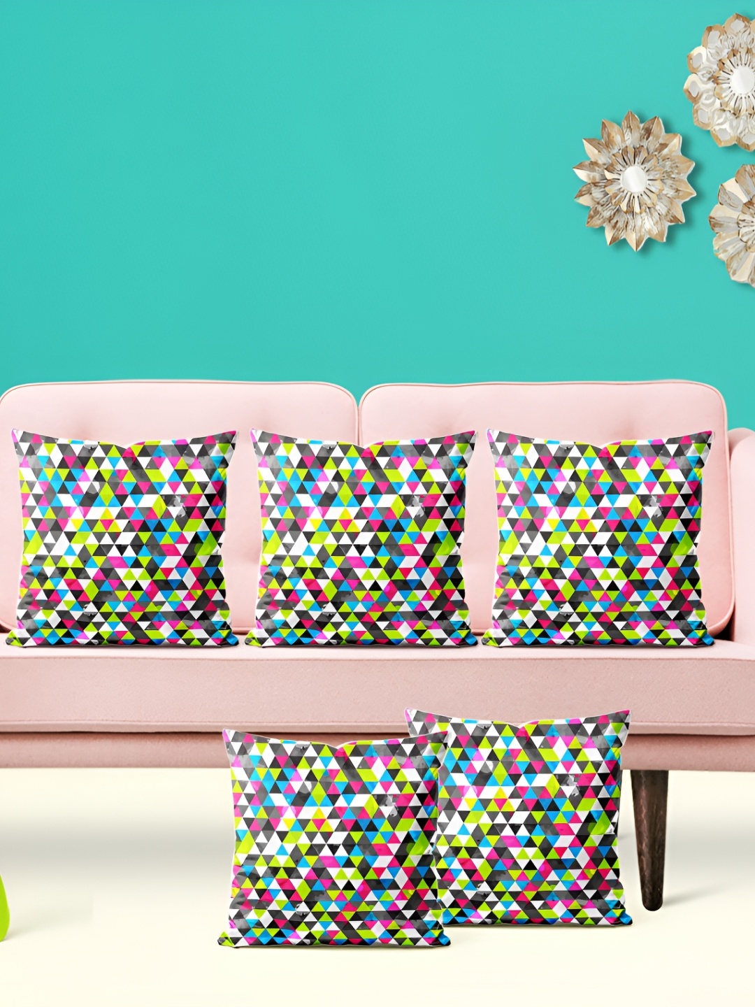 

ArtzFolio Green & Black 5 Pieces Geometric Printed Square Cushion Covers