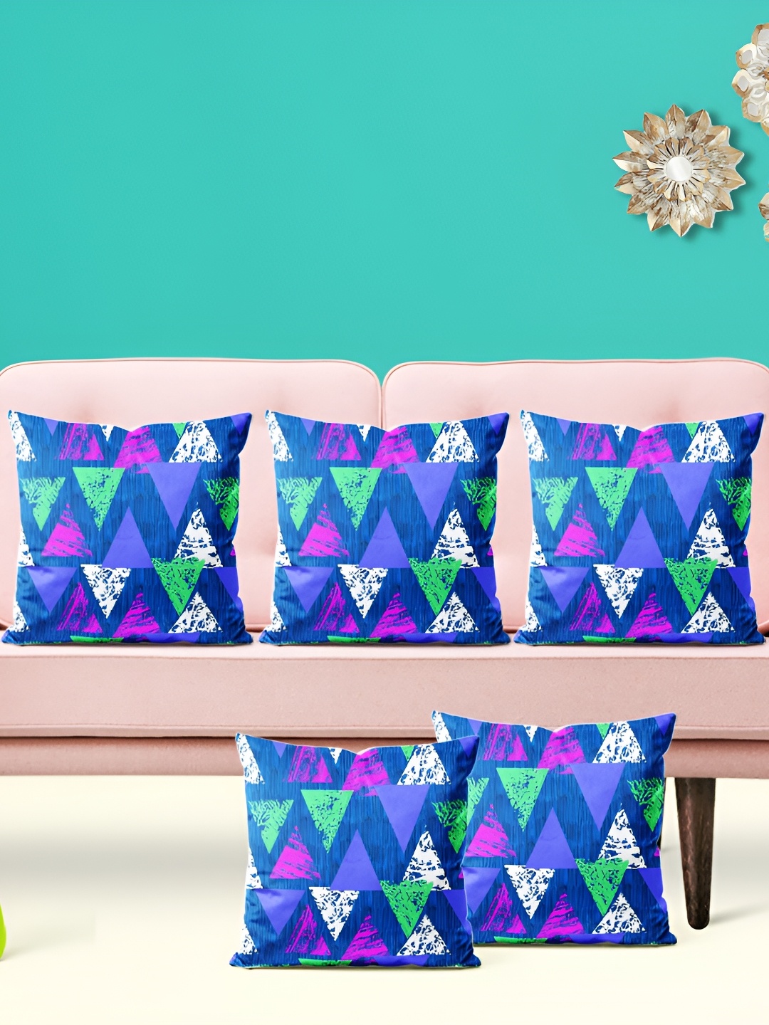

ArtzFolio Blue & Green 5 Pieces Geometric Printed Velvet Square Cushion Covers