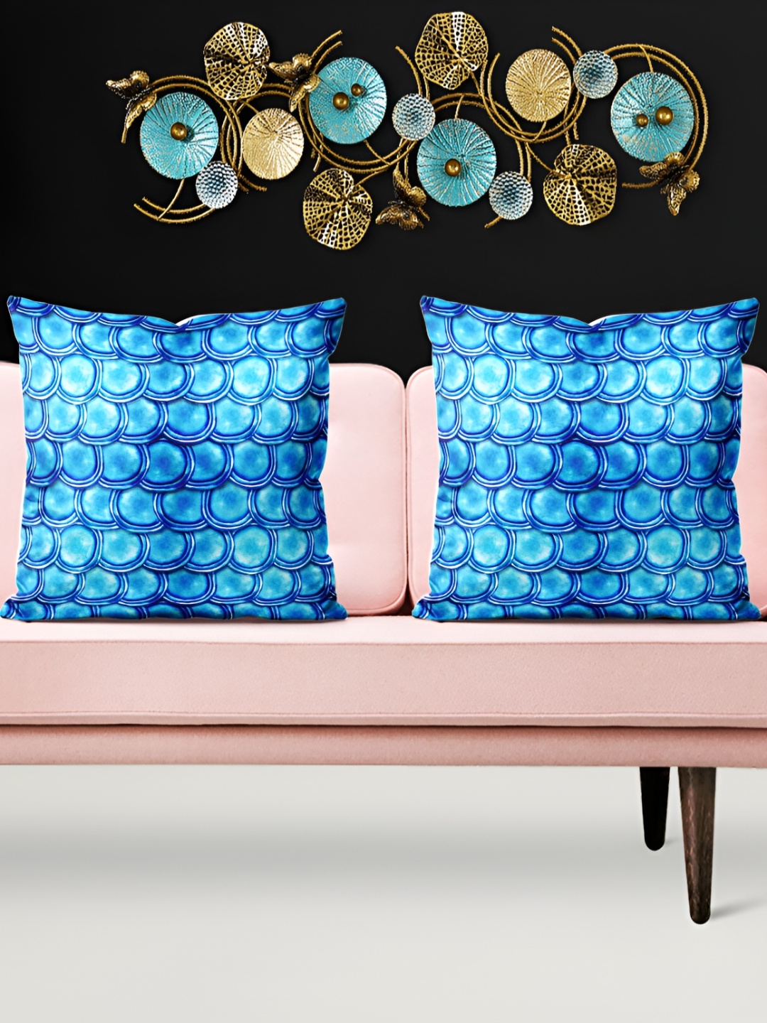 

ArtzFolio Blue 5 Pieces Geometric Printed Velvet Square Cushion Covers