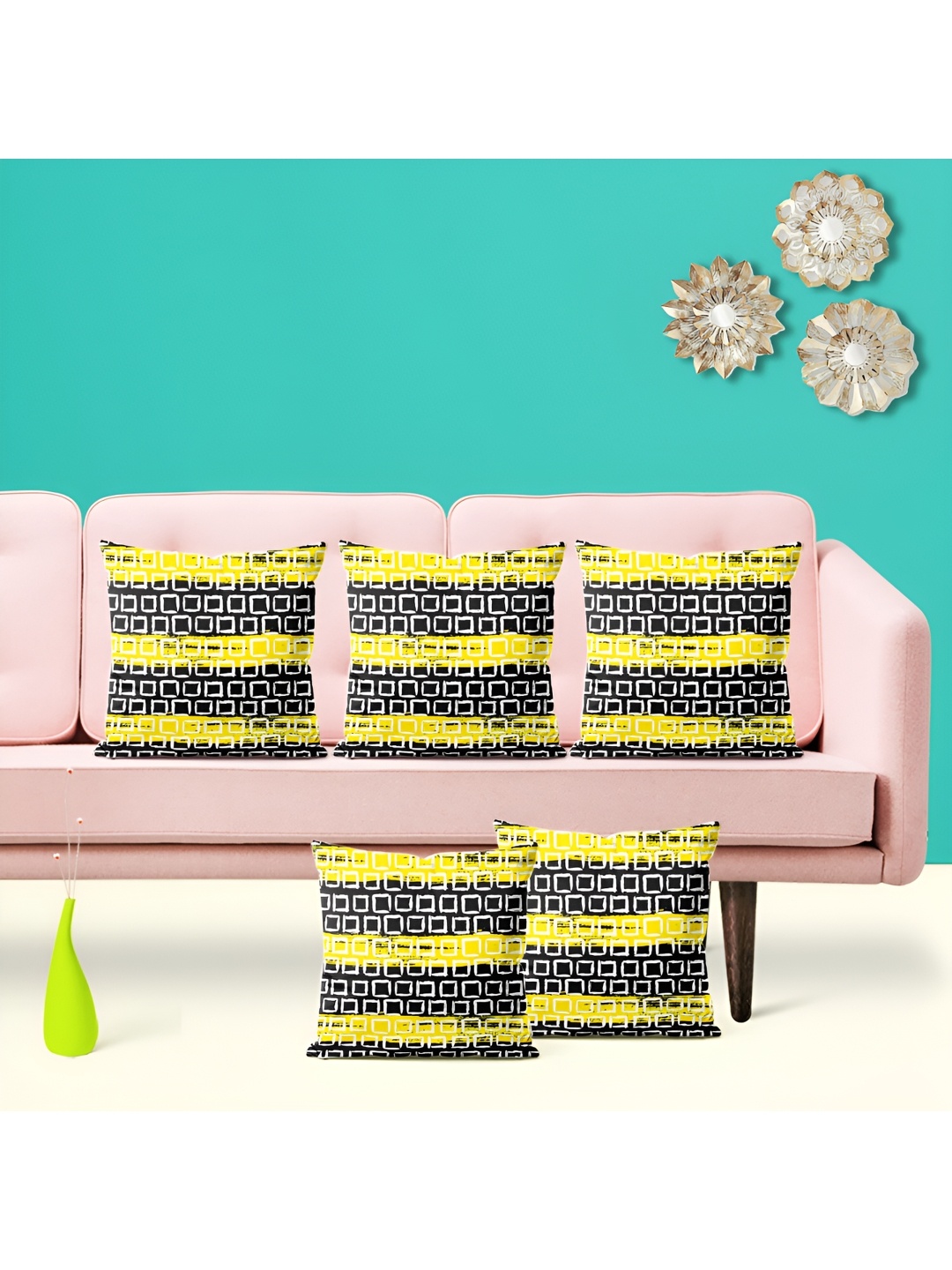 

ArtzFolio Yellow & Black 5 Pieces Printed Velvet Square Cushion Covers