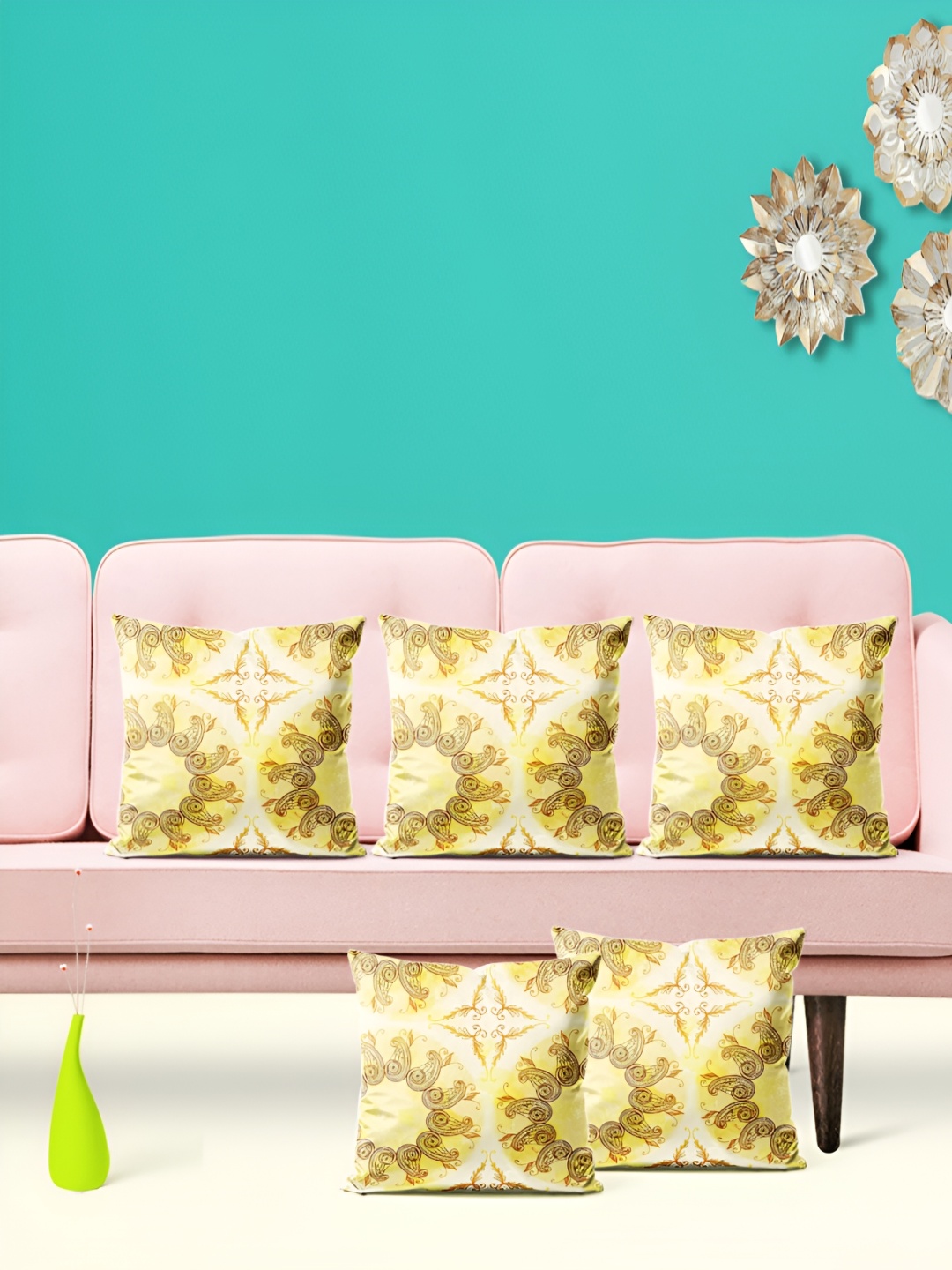 

ArtzFolio Yellow 5 Pieces Geometric Velvet Square Cushion Covers