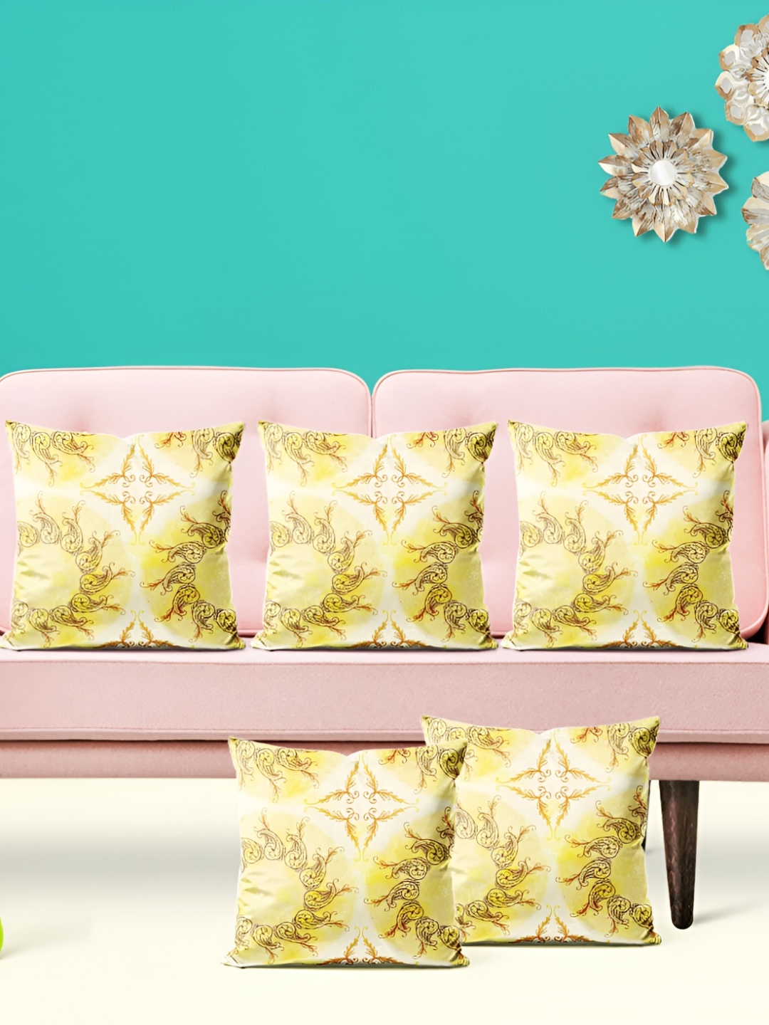

ArtzFolio Yellow & White 5 Pieces Abstract Square Cushion Covers
