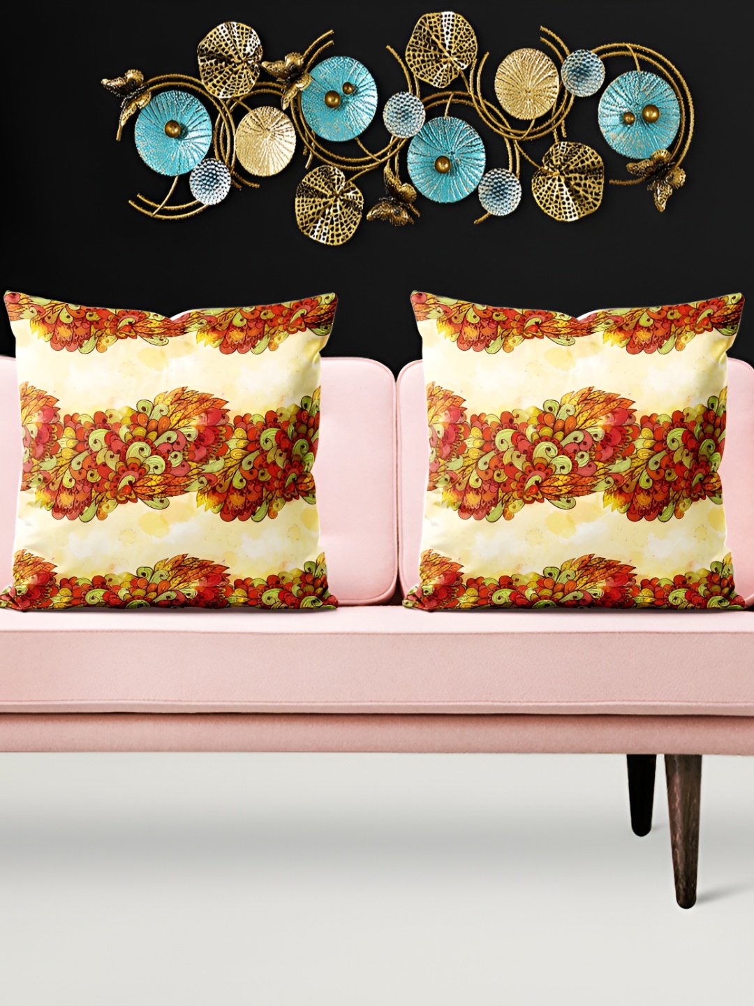 

ArtzFolio Yellow & Red 5 Pieces Ethnic Motifs Printed Velvet Square Cushion Coverss