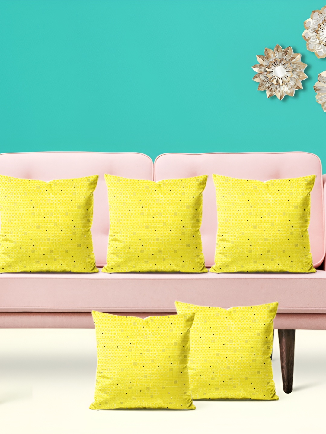 

ArtzFolio Yellow & Black 5 Pieces Geometric Velvet Square Cushion Covers