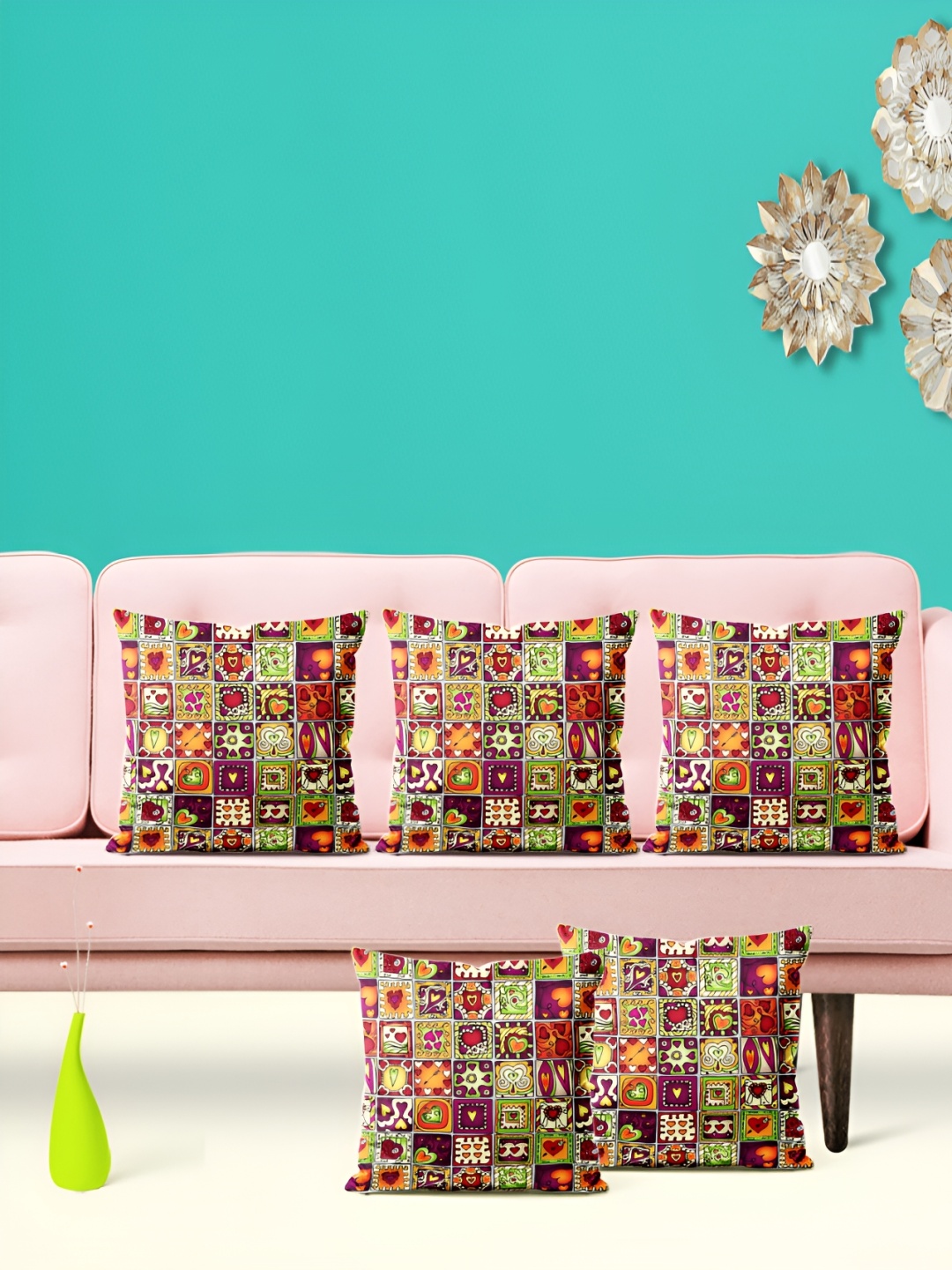 

ArtzFolio Yellow & Pink 5 Pieces Printed Square Cushion Covers