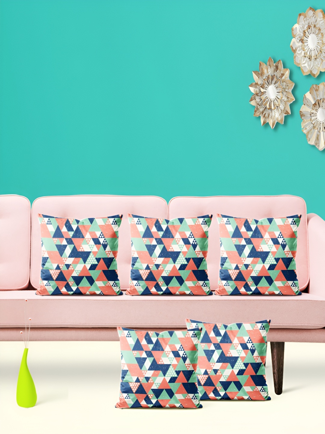 

ArtzFolio Green & Blue 5 Pieces Geometric Printed Square Cushion Covers