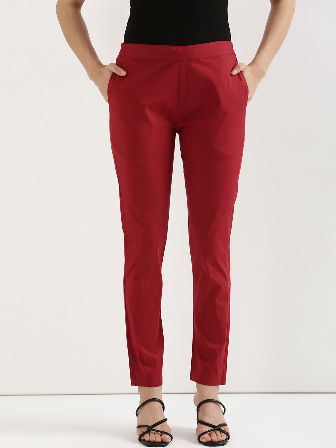 

SHOOLIN Women Cotton Cigarette Trousers, Maroon