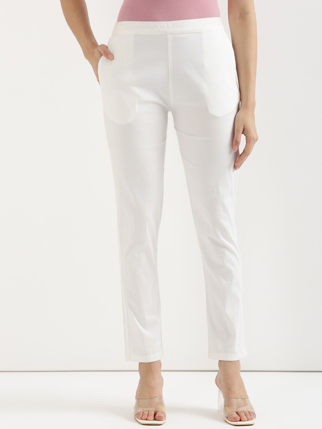 

SHOOLIN Women Mid Rise Cotton Cigarette Trousers, White