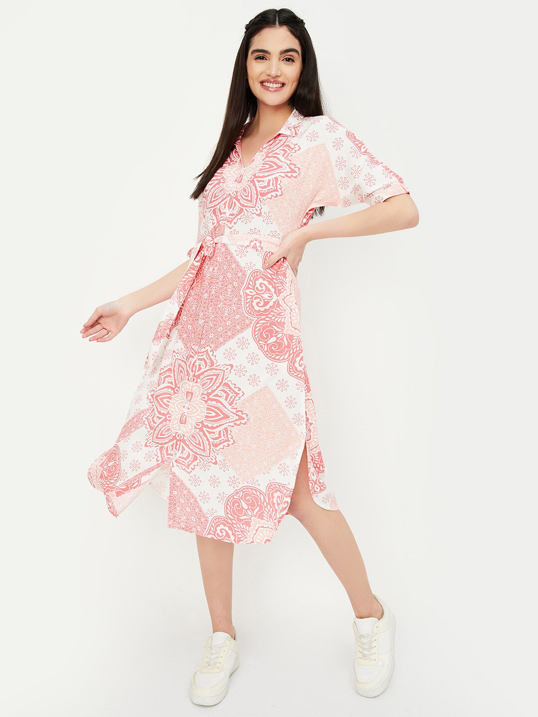 

max Ethnic Motifs Printed Bell Sleeve Shirt Midi Dress, Off white
