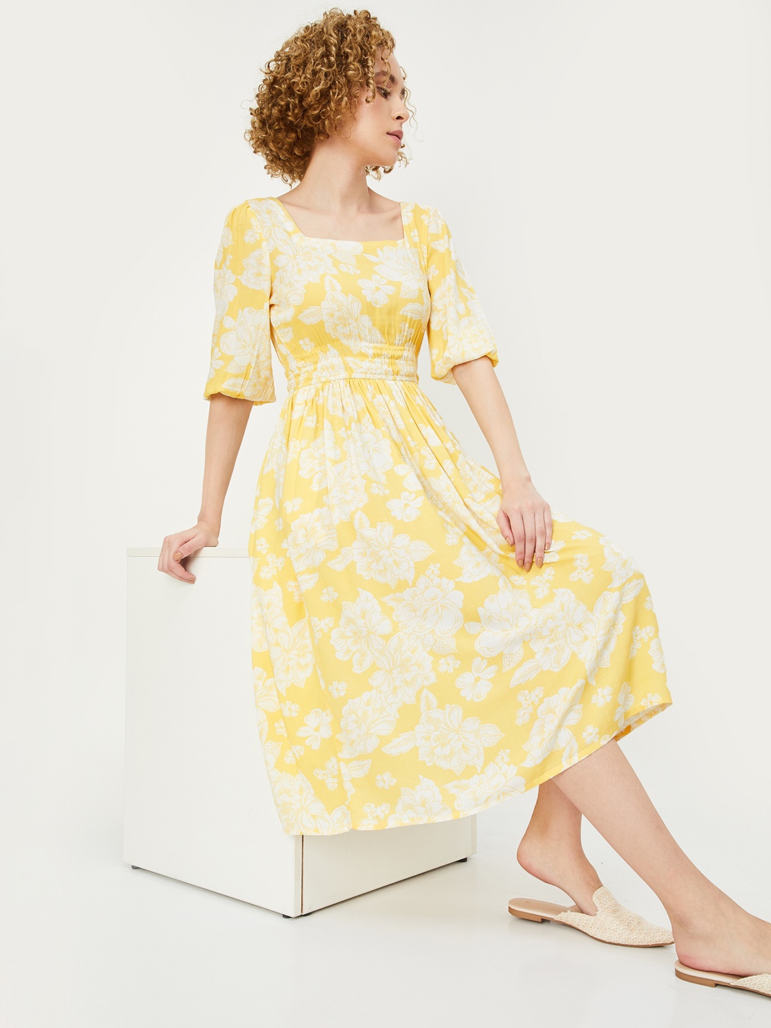 

max Floral Print Fit and Flare Midi Dress, Yellow