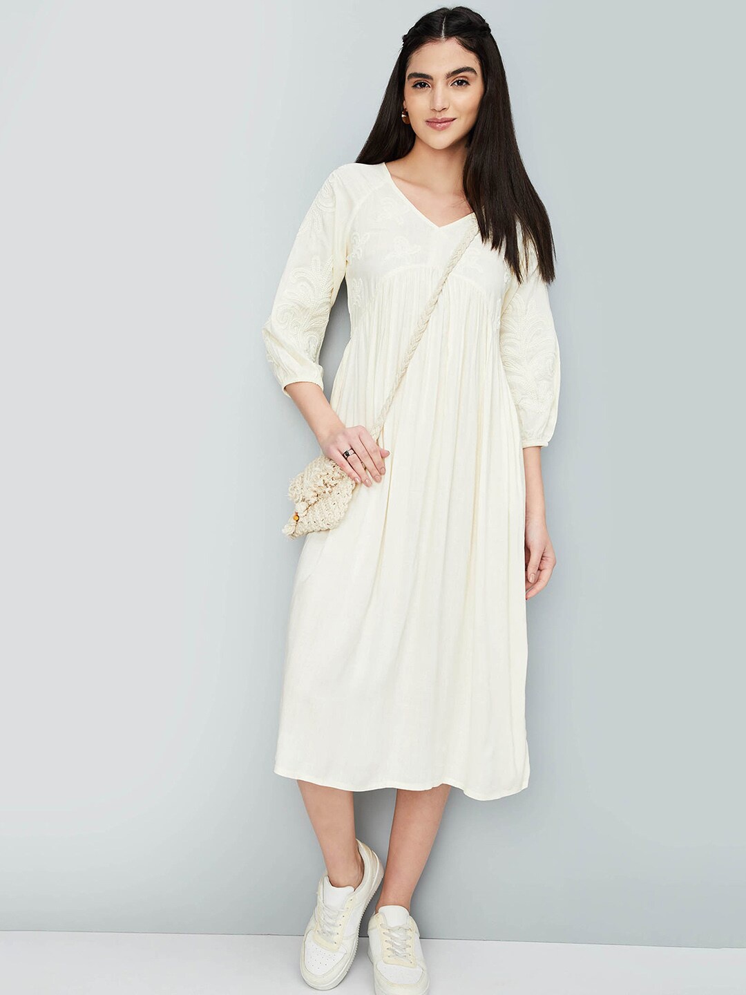 

max A-Line Cuffed Sleeves Midi Dress, Off white