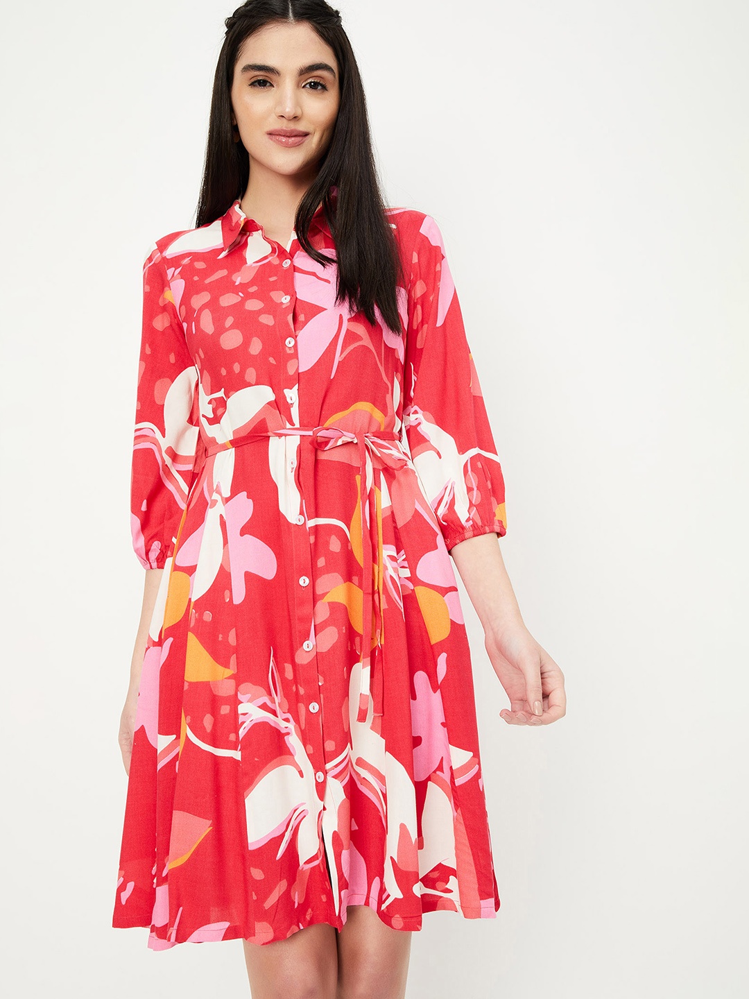 

max Printed Shirt Collar Fit & Flare Dress, Red
